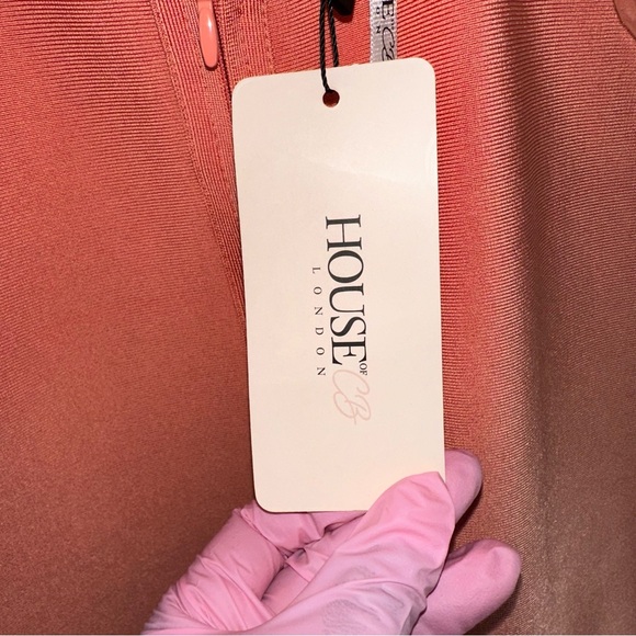 House of CB London Savannah V-Neck Low Plunge Bodycon Dress in Peach Size L - Picture 9 of 15